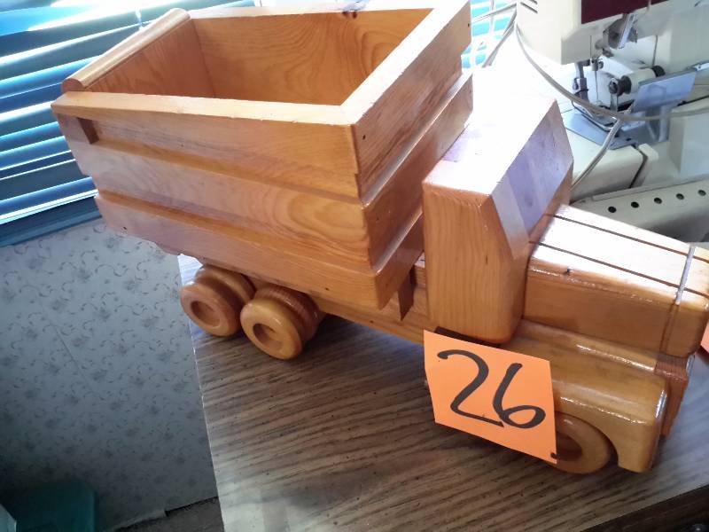 Wood Dump truck Toy.. 17 in l.. Solid wood Car.. Both nice shape