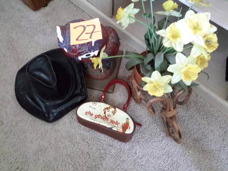 Plaster owl with broken ears, Medium size mens cowboy hat.. Leather ratan plant stand. The Seven Year Itch. Marilyn Monroe hand bag.  Vinyl.. Made in China