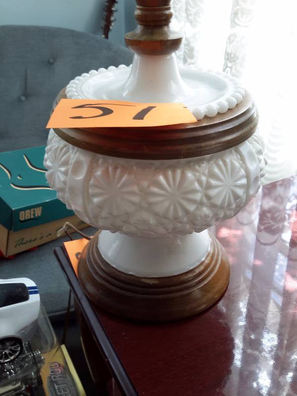 Milk Glass and wood base Table lamp