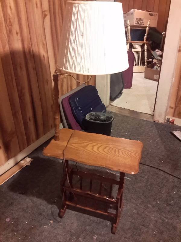 Mid Century Modern Side table with Magazine rack in bottom and Gold Chrome Lamp built in to top.. VERY NICE SHAPE.  Lamp works
