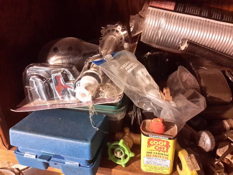 All things on the Shelf in the basement with Misc. Tools, Hardware.. YOU NAME IT.. Look at the close up pictures.. Bring your own boxes and take it all away.