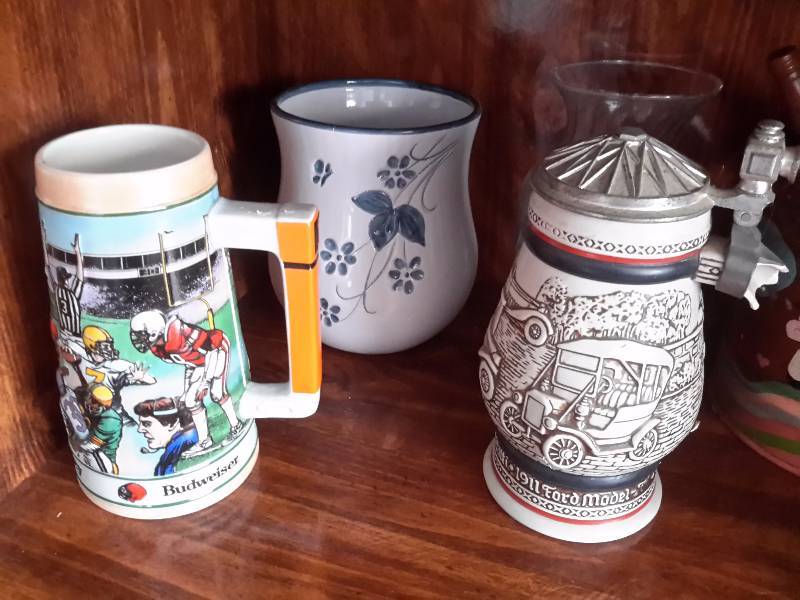 Misc. Glassware as pictured.. Including 2 Steins.. Some milk glass and other.. Look at the close up pictures