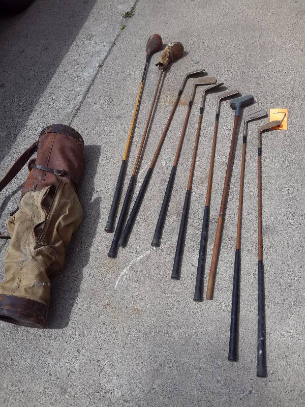 Set of Vintage WOOD HANDLED. Golf Clubs.. 2 Drivers, 9 irons..