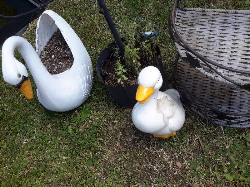 Plastic goose planter, White porcelain duck (has some surface chipping ...