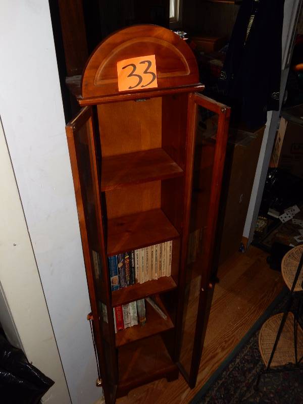 Small Wood Cabinet.. Looks like solid Walnut.. 12in w x 8 in d x 50 in h..Nice shape.. Crown needs to be re glued.