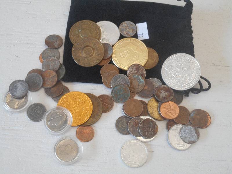 Black Felt Bag of Mixed Coins & Tok...