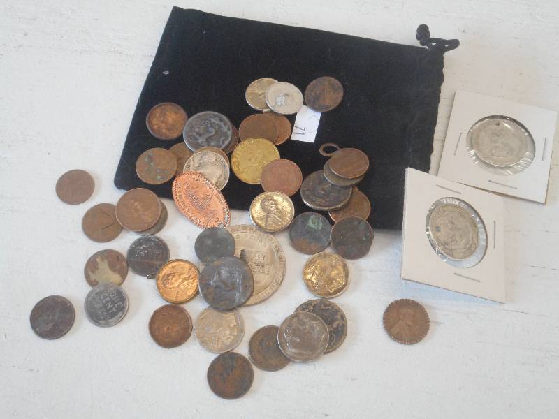 Black Felt Bag of Mixed Coins & Tok...
