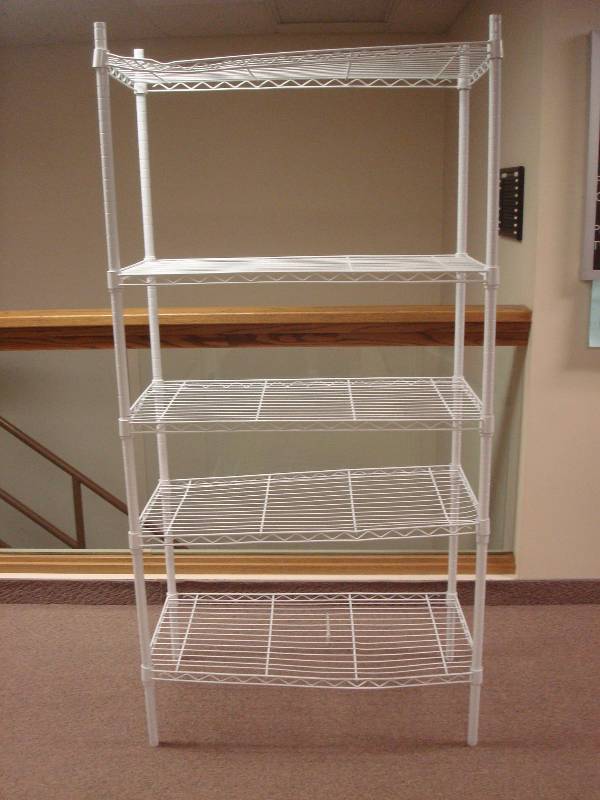 lot 11 image: White Metal Wire Shelf, Show Wear, Some Shelves Are Bent