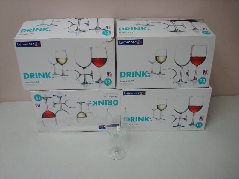 lot 72 image: 4 Boxes Of Drink Wine Glasses, One Box Missing Two Glasses