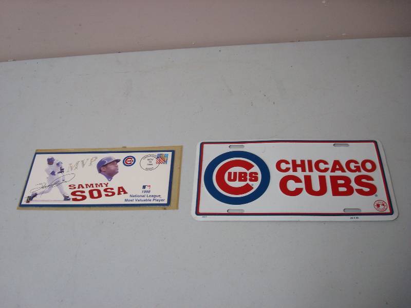 lot 91 image: Chicago Cub Tin Sign And Sosa Envelope