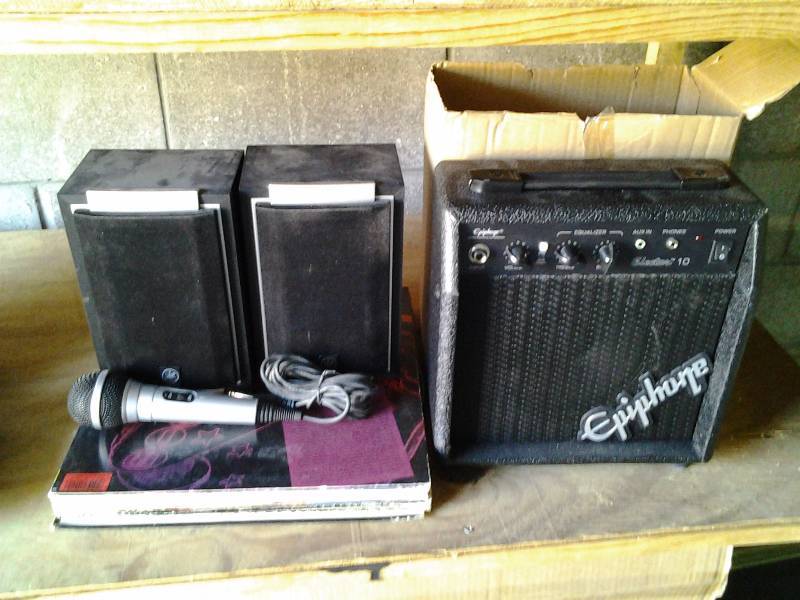 Epiphone Amp, Record Albums, Microphone, Pair Of Yamaha Speakers, (Platters, Nate King Cole, Seals & Crofts)