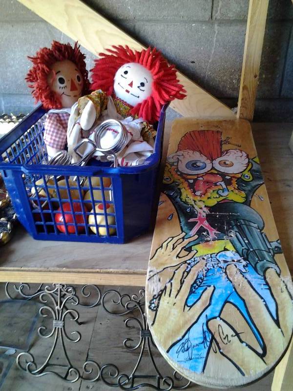 Raggedy Anne & Andy Dolls, Autographed Skate Board, Bumper Pool Balls, Weight Bar Clamps