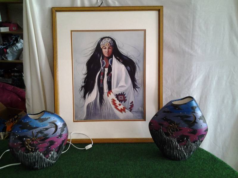 Garcia Native American Print (No Glass), 24x30, 2-Pottery Kokopelli Lamps
