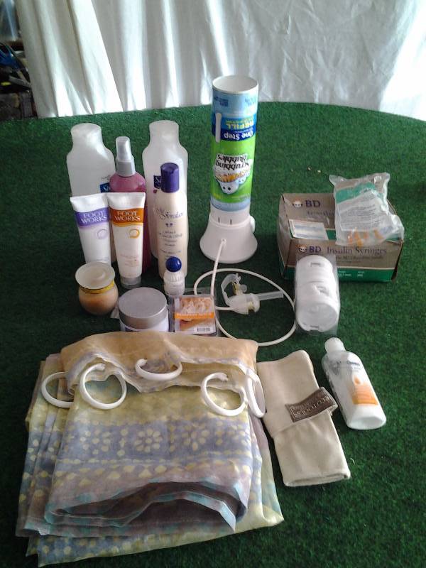 Bathroom Related- Creams, Lotions, Syringes, Hair Care, Pretty Shower Curtain