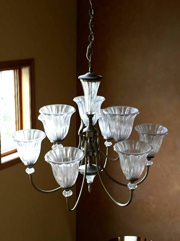 lot 112 image: Gorgeous & Massive Entryway Brushed Metal & Fluted Glass Main Foyer Chandelier Approx 42x42 with 14 Chain - Will Be Detached From Ceiling & Ready For Pick Up