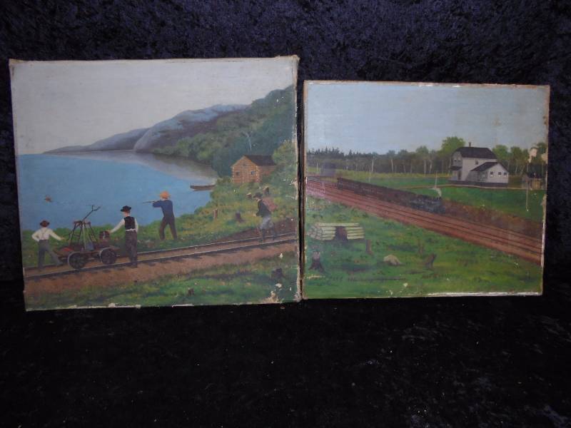 Pair - Handpainted on Canvas Railroad Themed, dated 1902