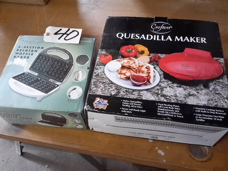 lot 40 image: Toastmaster, Waffle Baker  Groton Quesadilla Maker.. Boxes a bit tattered, but both NEW in the boxes