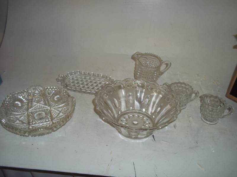 lot 170 image: Glass serving bowl, glass pitcher, Cream and sugar set, Glass dish