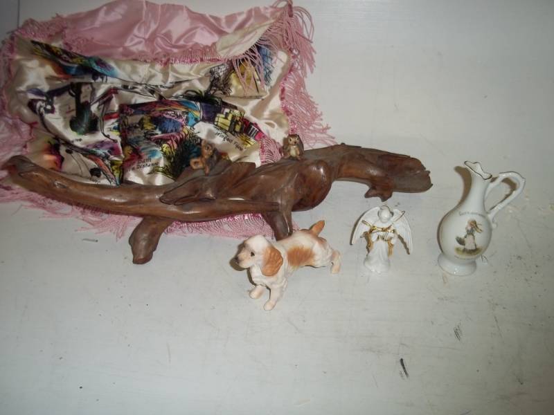 lot 172 image: Dcor items with dog, vase, angel and wood.