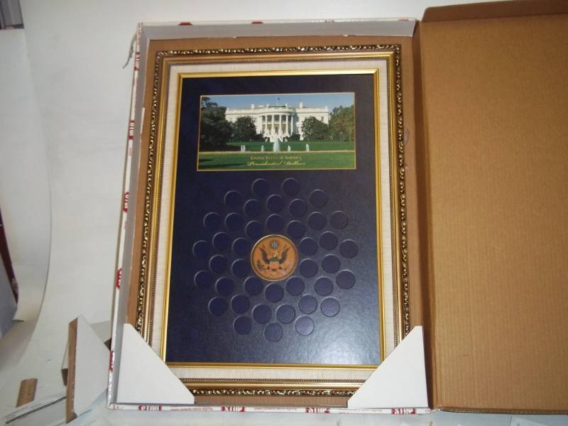lot 203 image: Presidential Framed Gallery D and P Mint with 8 coins, 19 x 25 Box was sealed and opened to take photographs