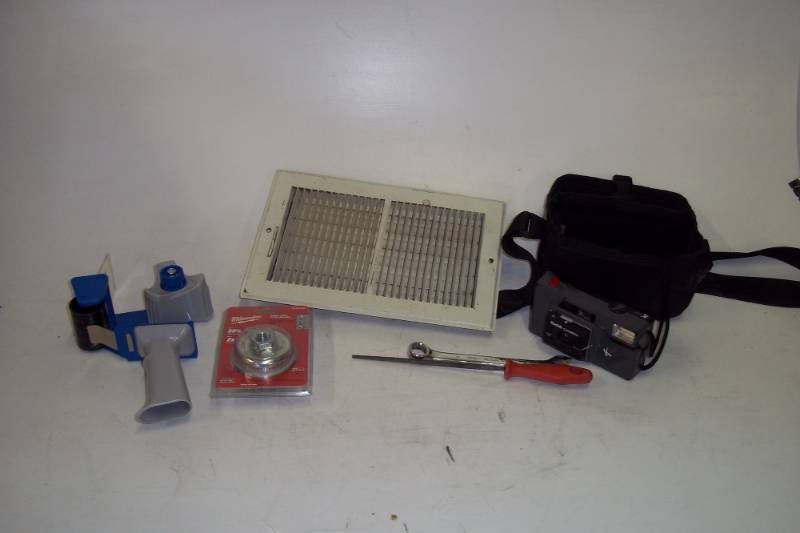lot 271 image: Tape dispenser, wire cup brush, vent, camera and wrench