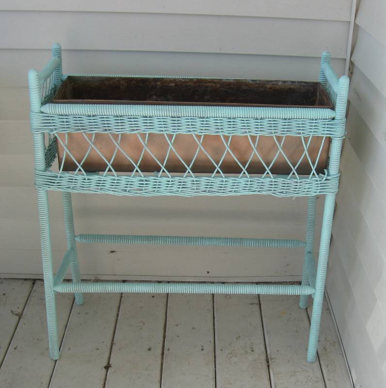 lot 005 image: OLD Vintage Wicker Flower Box  Standing Planter & Sturdy Chair