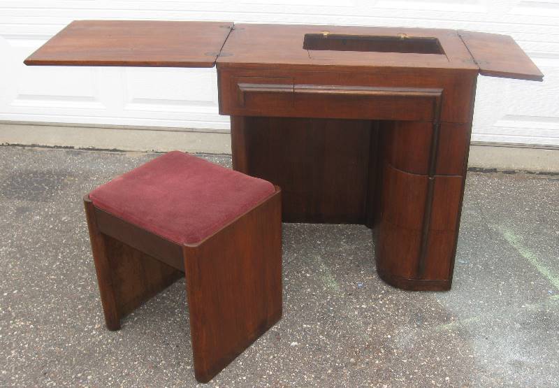 lot 023 image: ART DECO - Mid Century - Sewing Machine Cabinet w Bench