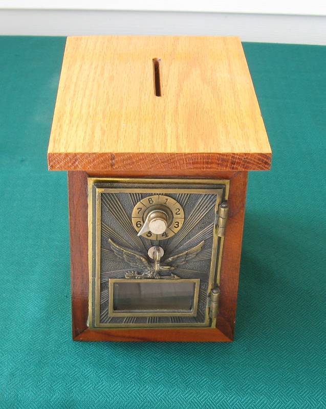 lot 028 image: Vintage Brass Mailbox Door - Upcycled Penny  Coin Bank
