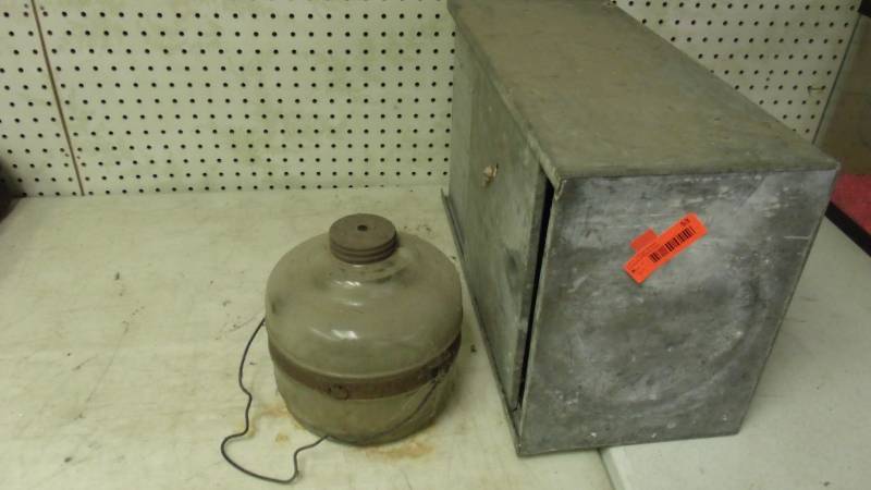 lot 53 image: Glass Bottle and old tin box