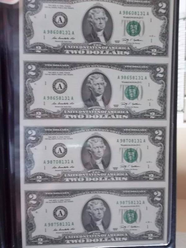 Full Page Of Uncut $2 Bills With Collector Case