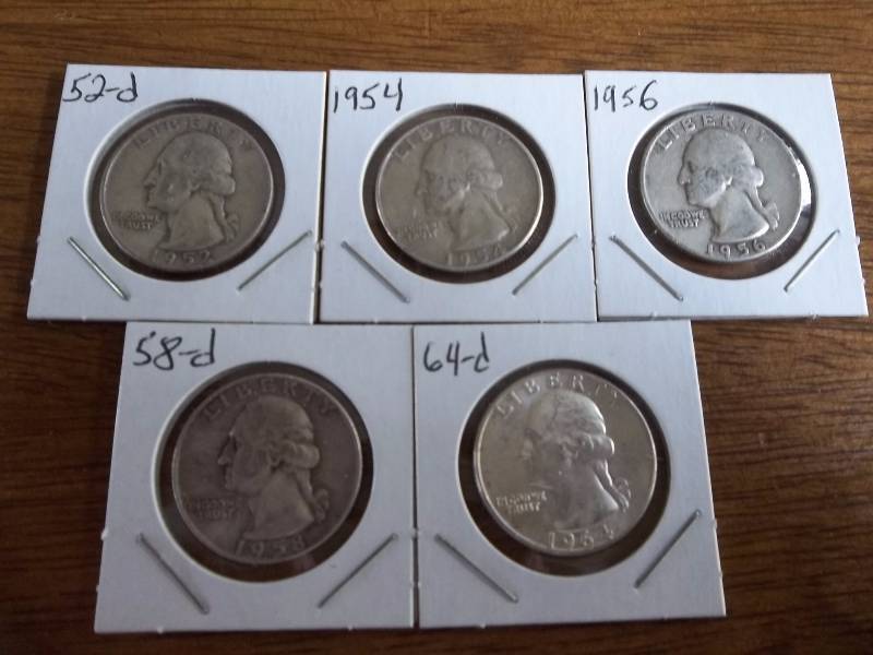 5 Silver Washington Quarters- 1952D, 1954, 1956, 1958D, 1964D