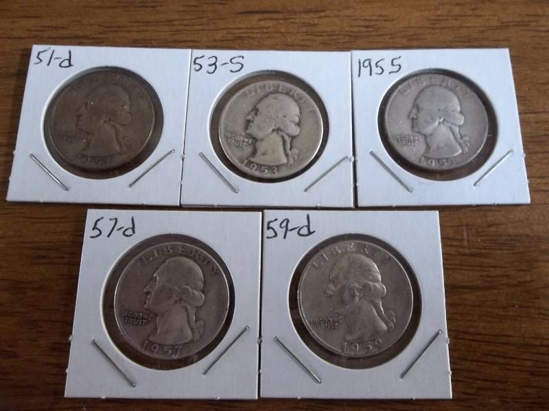 5 Silver Washington Quarters- 1951D, 1953D, 1955, 1957D, 1959D