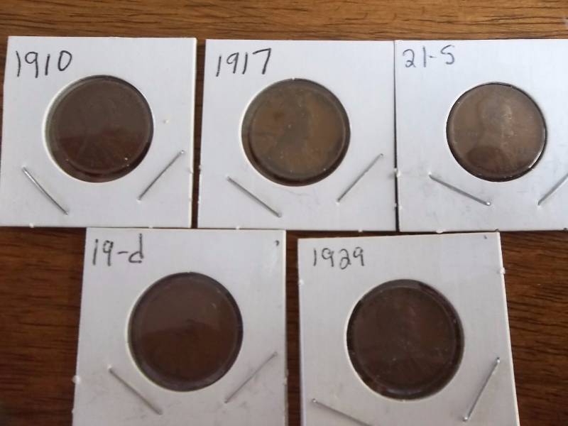 5-Lincoln Cents 1910, 1917, 1921S, 1919d, 1929