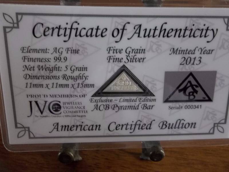 5 Grains Silver Bar With COA