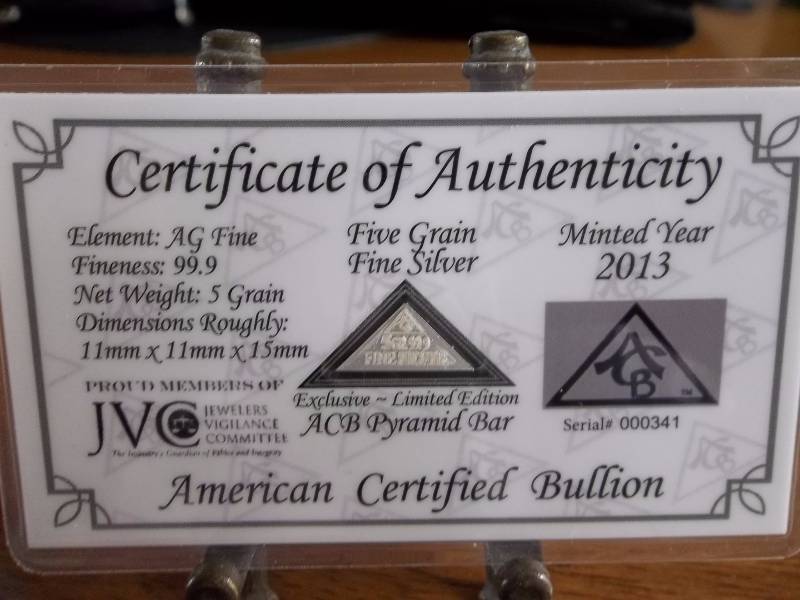5 Grains Silver Bar With COA