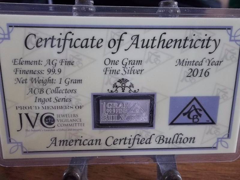1 Gram .999 Silver Bar With COA