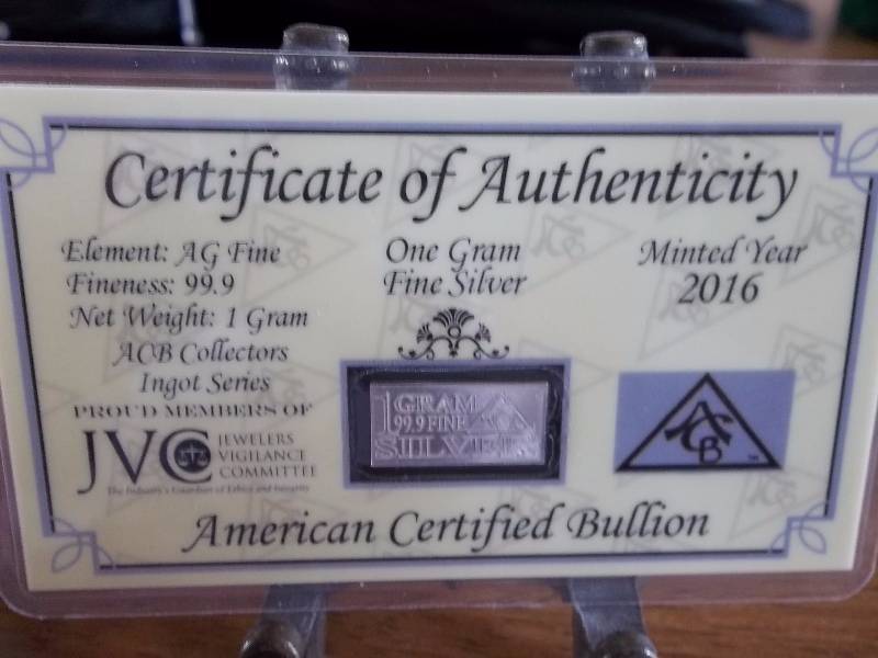 1 Gram .999 Silver Bar With COA