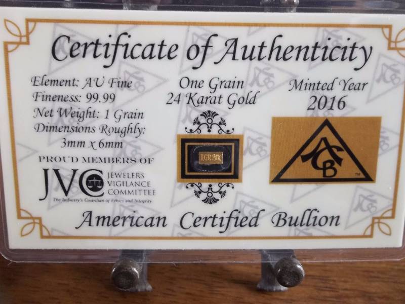1 Grain Gold Bullion 99.9 Fine With COA