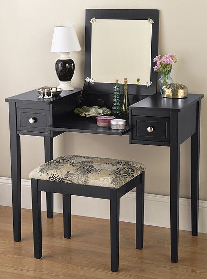 lot 13 image: Black Vanity and Bench Set