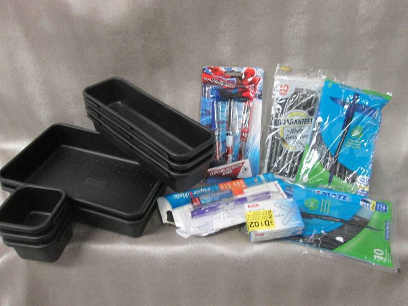 lot 5 image: Set of 8 black organizing bins, pap...