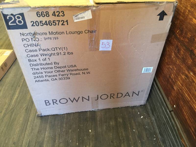 lot 53 image: Brown Jordan Northshore Patio Motion Lounge Chair in Harvest with Regency Wren Outdoor Throw Pillow New
