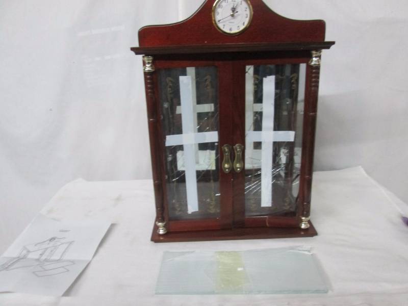 lot 54 image: Wall Curio Cabinet with Clock - Walnut