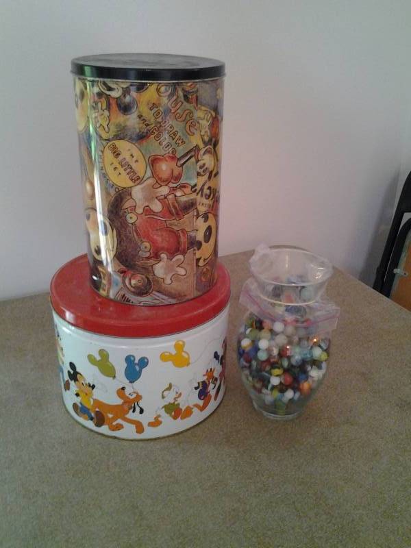 2-Disney Collector Tins, 1-Jar Of Marbles
