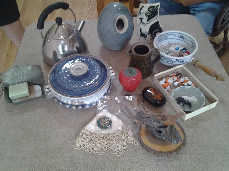 Pottery Dish With Lid, Bird House, Tea Pot, Door Stop, Miniatures & Collectibles
