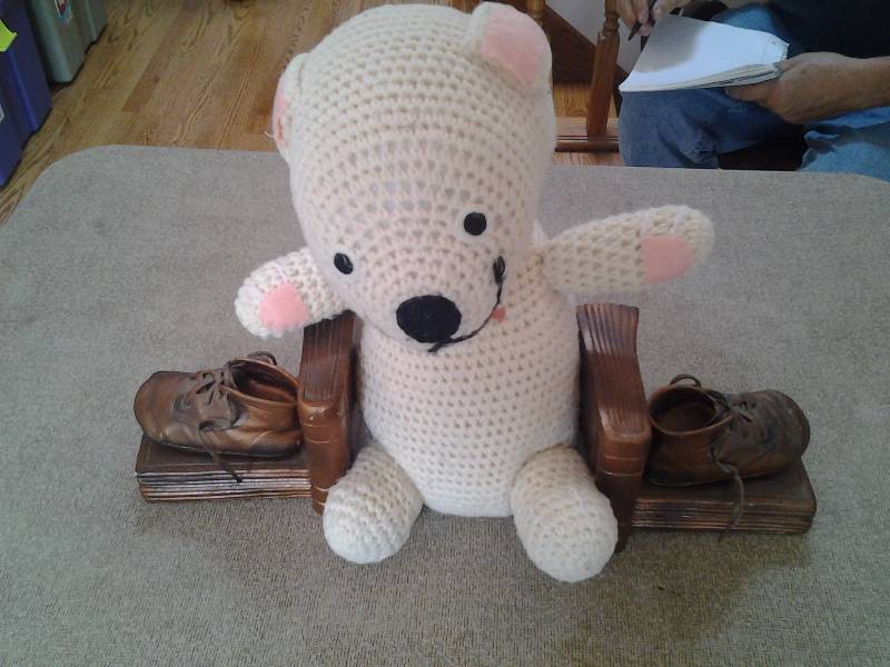 Bronze Baby Shoe Book Ends, Crocheted Bear