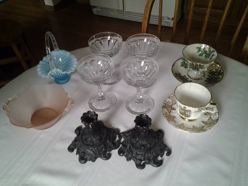 Blue Glass Hobnail Basket, Pink Dish, Tea Cups & Saucers, Candle Holders, 4-Stemware