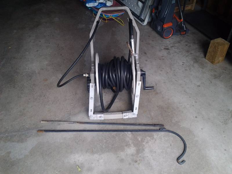 Garden Hose, Reel & Shepherd Hook