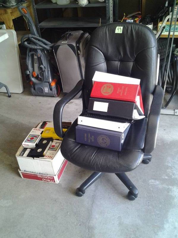 Executive Office Chair, Box Of VHS, Stack Of 3-Ring Binders