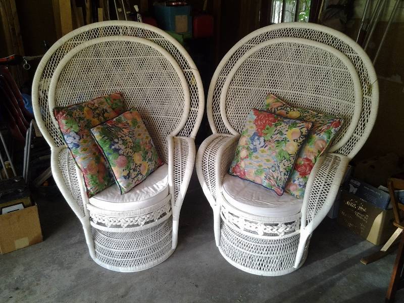 Pair Of Fan Back Wicker Chairs With Cushions & Decorative Pillows