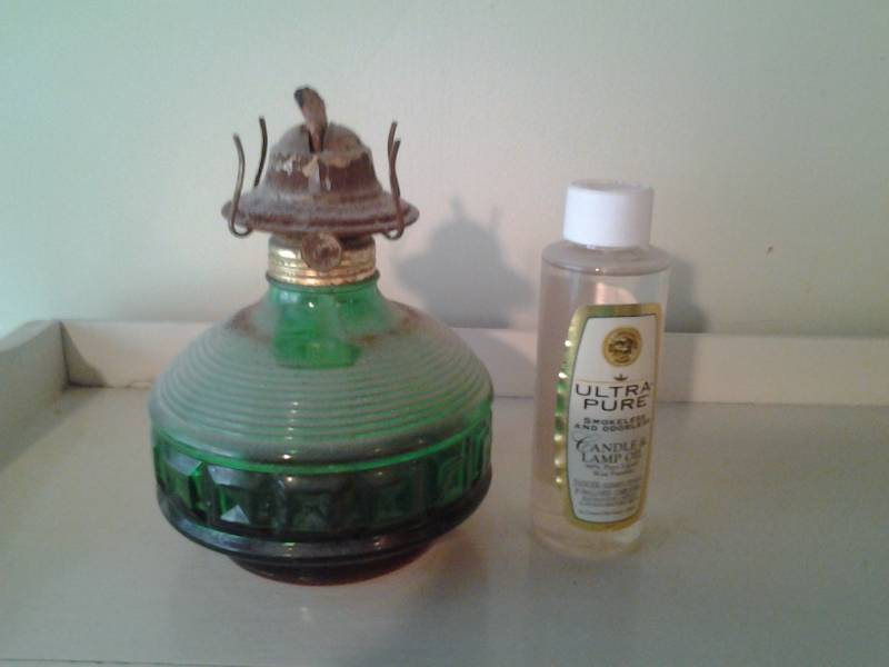 Vintage Green Glass Oil Lamp With Oil